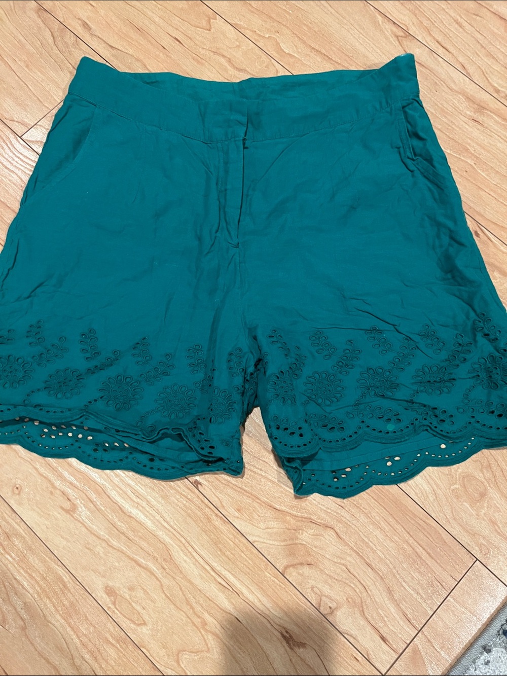 Top Secret Teal Eyelet Scallop-Hem Shorts